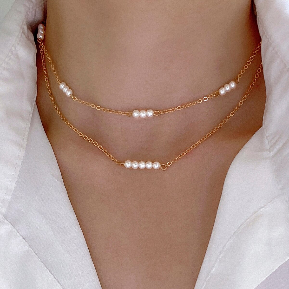 IngeSight.Z Korean Double Layer Three Pearls Clavicle Chain Necklace For Women Elegant Exquisite Gold Color Link Chain Choker