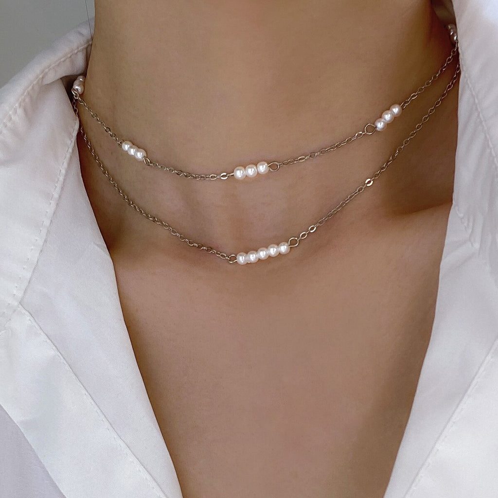 IngeSight.Z Korean Double Layer Three Pearls Clavicle Chain Necklace For Women Elegant Exquisite Gold Color Link Chain Choker