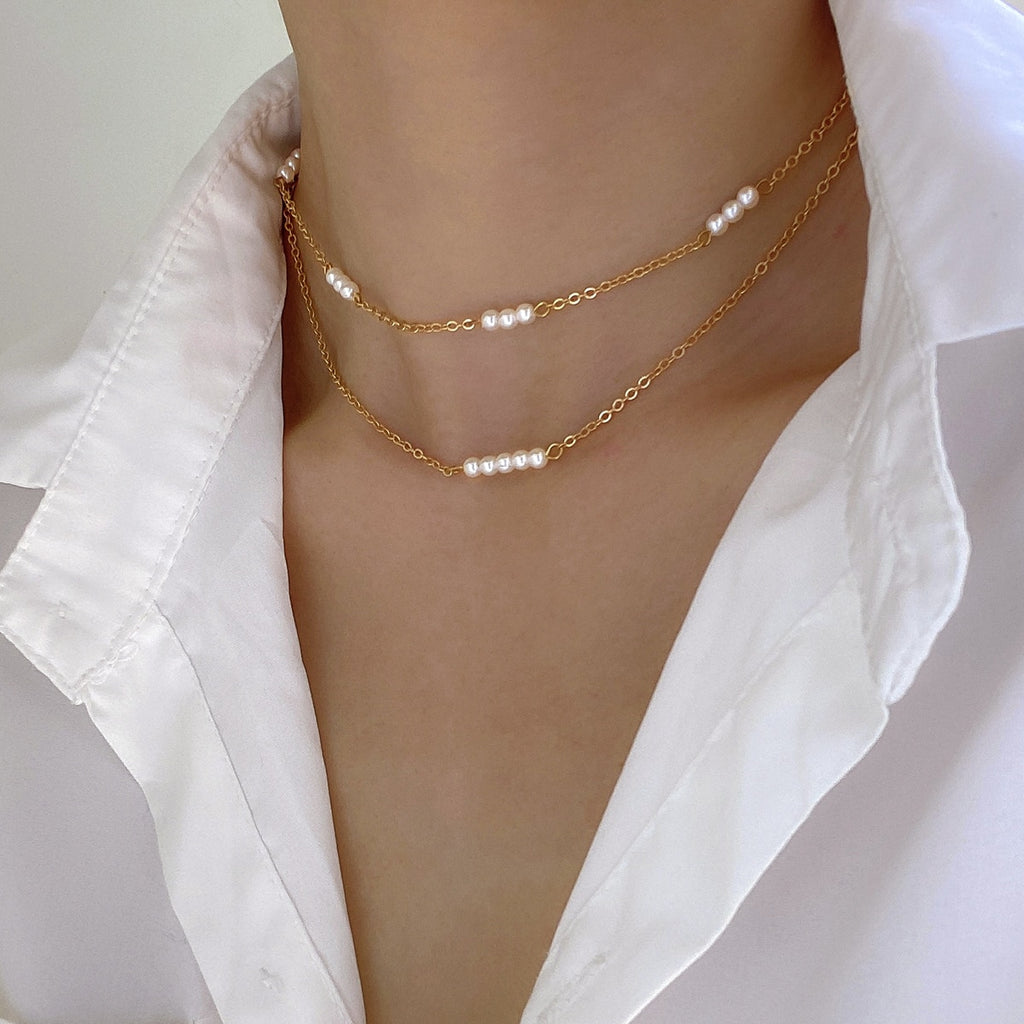 IngeSight.Z Korean Double Layer Three Pearls Clavicle Chain Necklace For Women Elegant Exquisite Gold Color Link Chain Choker