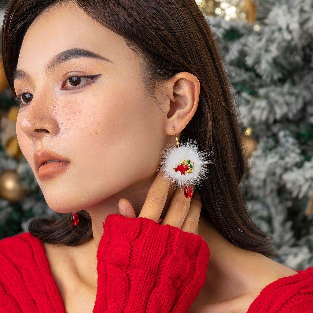 IngeSight.Z Korean Winter Fur Hair Ball Long Dangle Earrings For Women Sweet Red Crystal Pendant Drop Earrings Christmas Gift