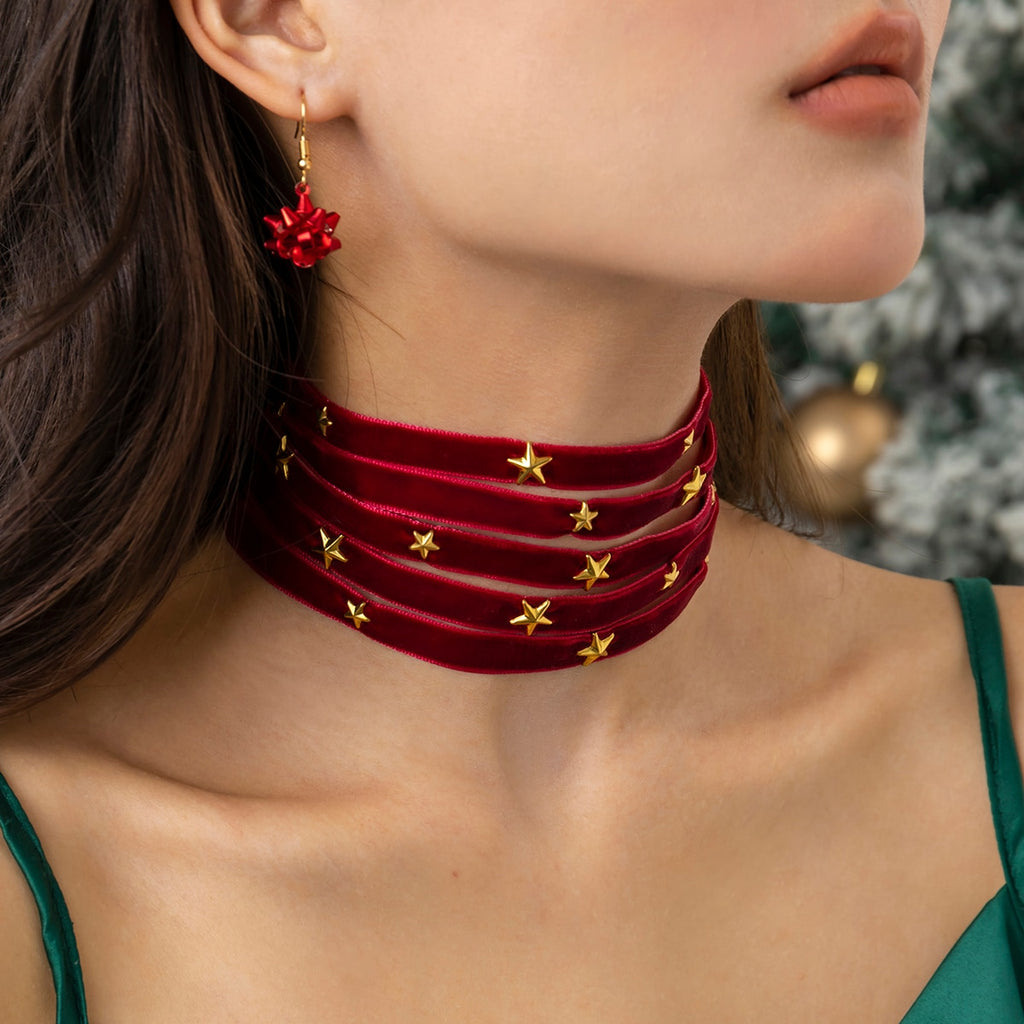 IngeSight.Z Multilayer Red Velvet Star Choker Necklace For Women Vintage Short Clavicle Chain Necklace Christmas Jewelry Gifts