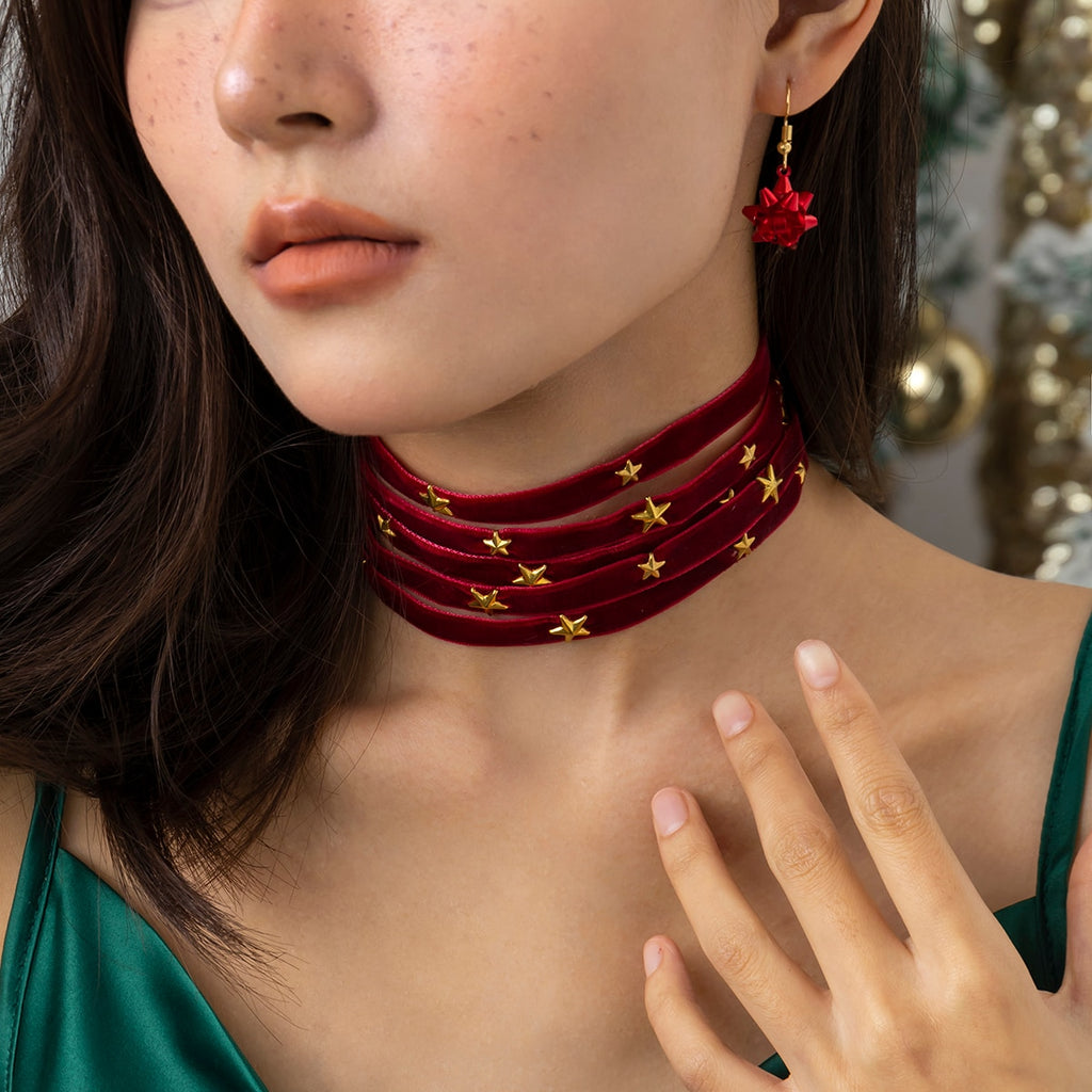 IngeSight.Z Multilayer Red Velvet Star Choker Necklace For Women Vintage Short Clavicle Chain Necklace Christmas Jewelry Gifts