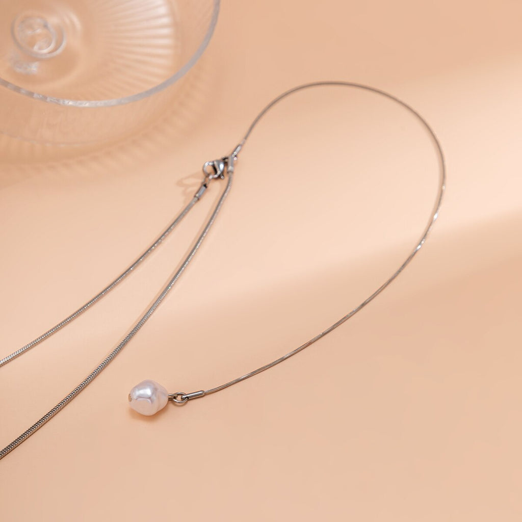 IngeSight.Z Multilayer Silver Color Flat Snake Chain Choker Necklace For Women Classic Imitation Pearl Pendant Necklace Jewelry