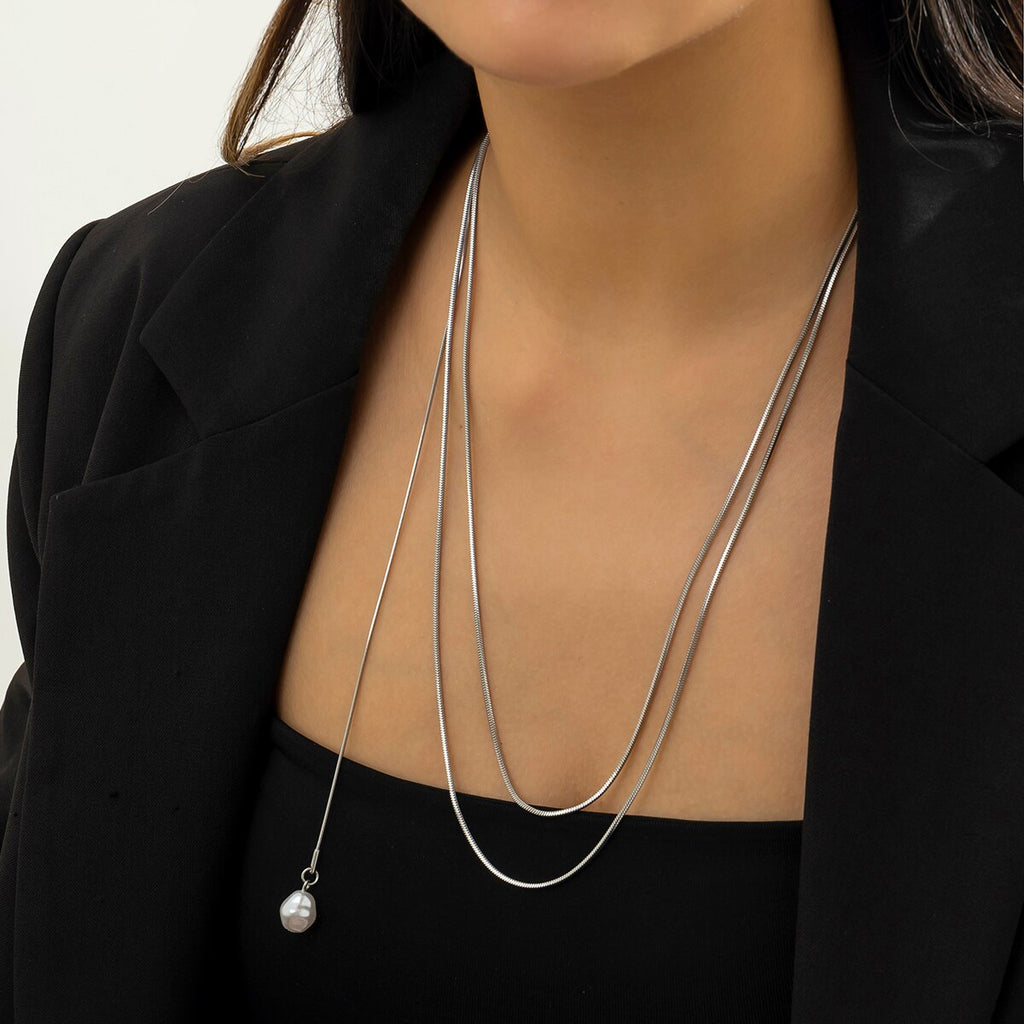 IngeSight.Z Multilayer Silver Color Flat Snake Chain Choker Necklace For Women Classic Imitation Pearl Pendant Necklace Jewelry