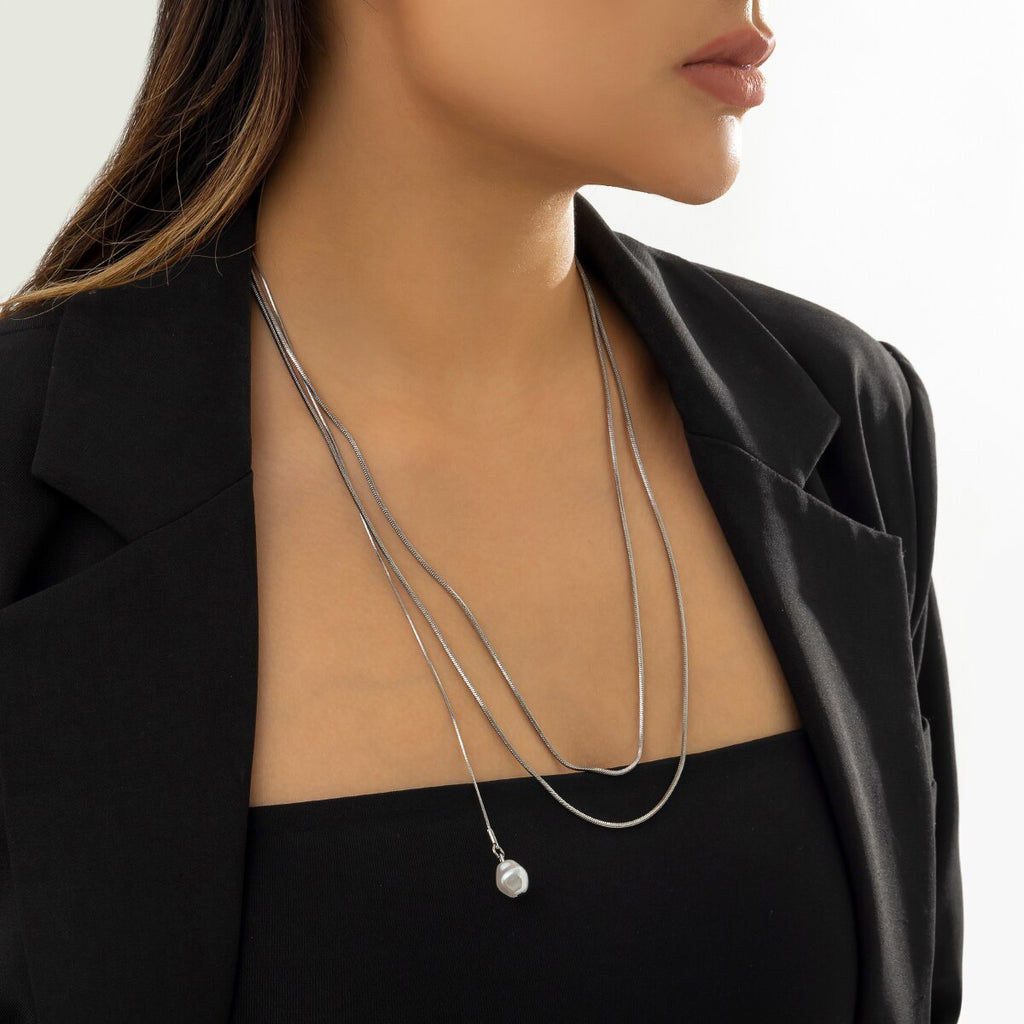 IngeSight.Z Multilayer Silver Color Flat Snake Chain Choker Necklace For Women Classic Imitation Pearl Pendant Necklace Jewelry