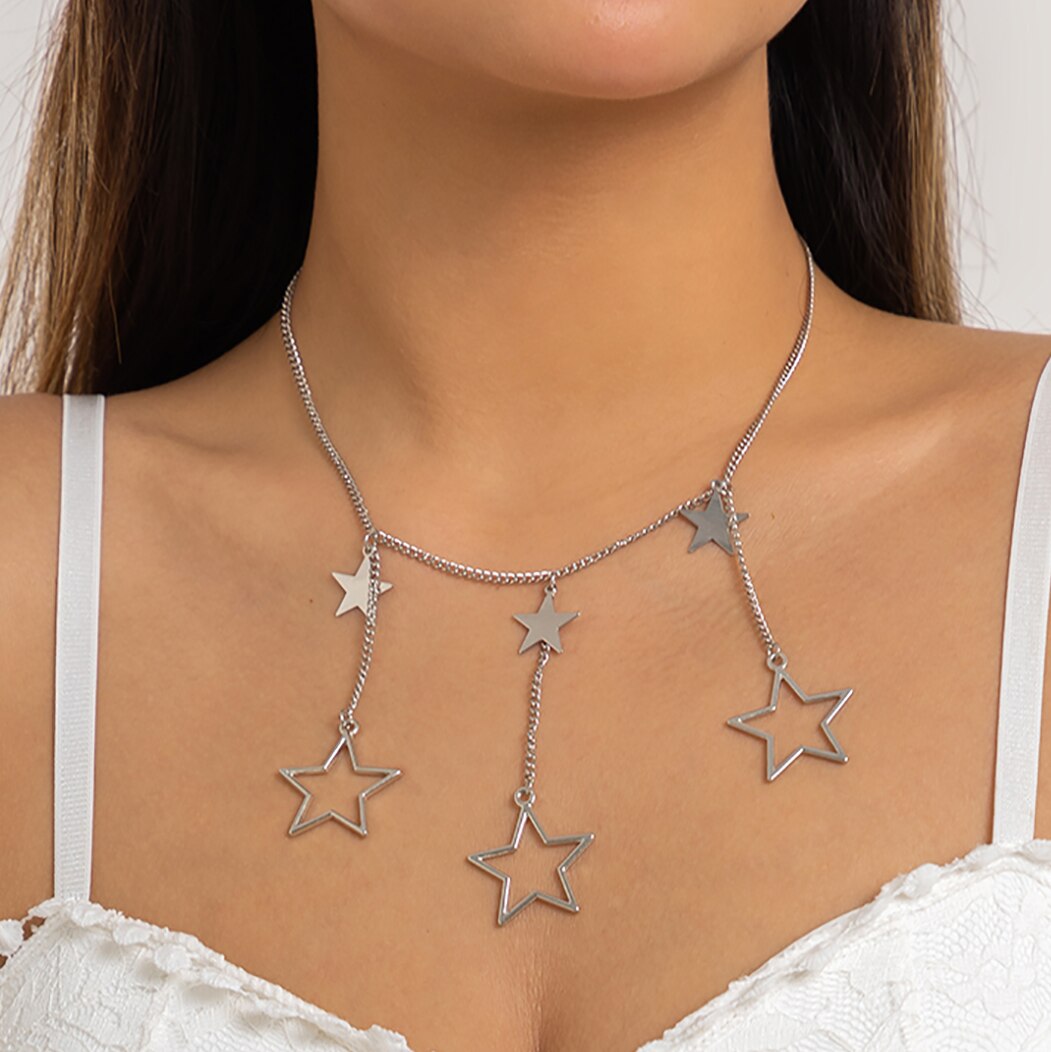 IngeSight.Z Punk Hollow Out Star Tassel Pendant Necklace for Women Vintage Silver Color Metal Sweater Chain Party Jewelry Gift