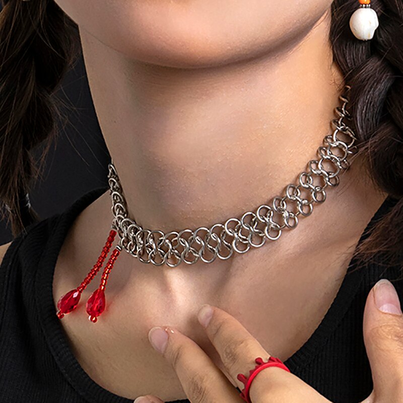 IngeSight.Z Punk Thick Twisted Choker Necklaces For Women Red Water Drop Crystal Pendant Necklace Gothic Metal Clavicle Collar