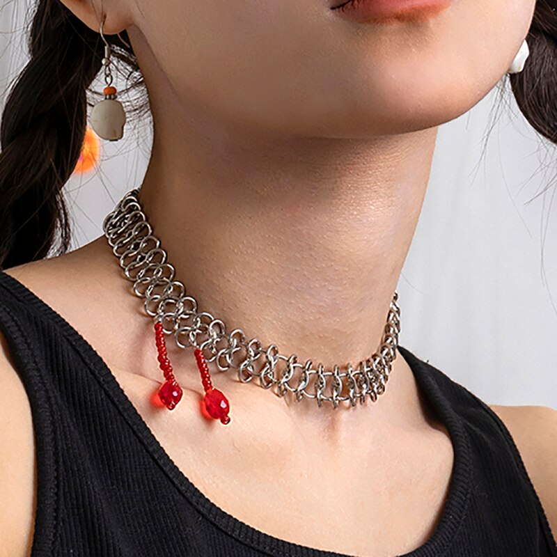 IngeSight.Z Punk Thick Twisted Choker Necklaces For Women Red Water Drop Crystal Pendant Necklace Gothic Metal Clavicle Collar
