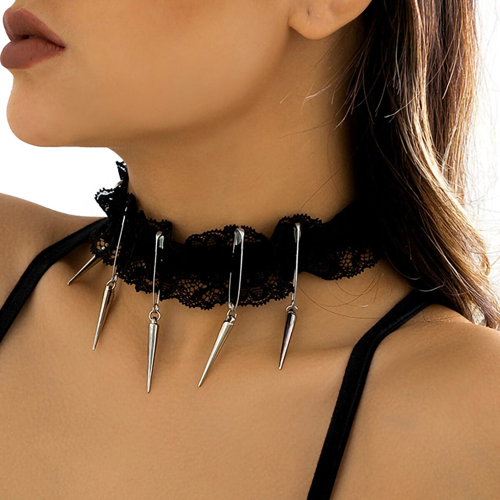 IngeSight.Z Sexy Black Elastic Flower Lace Rivet Pendant Necklace for Women Gothic Tattoo Collar Necklace Steampunk Jewelry