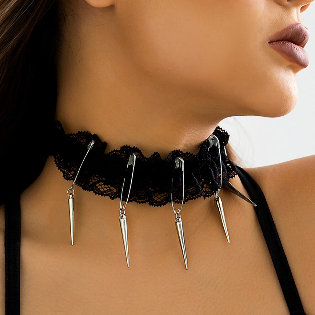 IngeSight.Z Sexy Black Elastic Flower Lace Rivet Pendant Necklace for Women Gothic Tattoo Collar Necklace Steampunk Jewelry