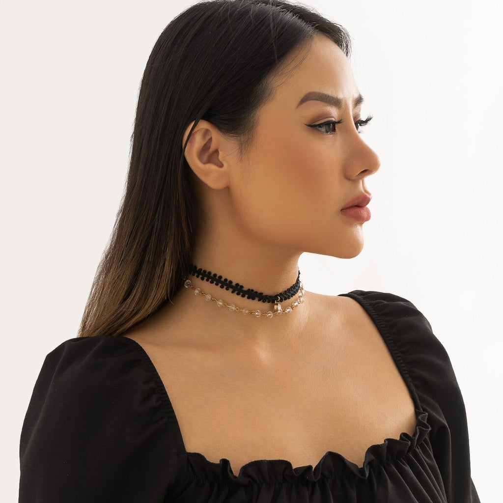 IngeSight.Z Sexy Black Lace Choker Double Layers Rhinestone Pendant Necklace For Women Gothic Crystal Beaded Collar Wedding Gift