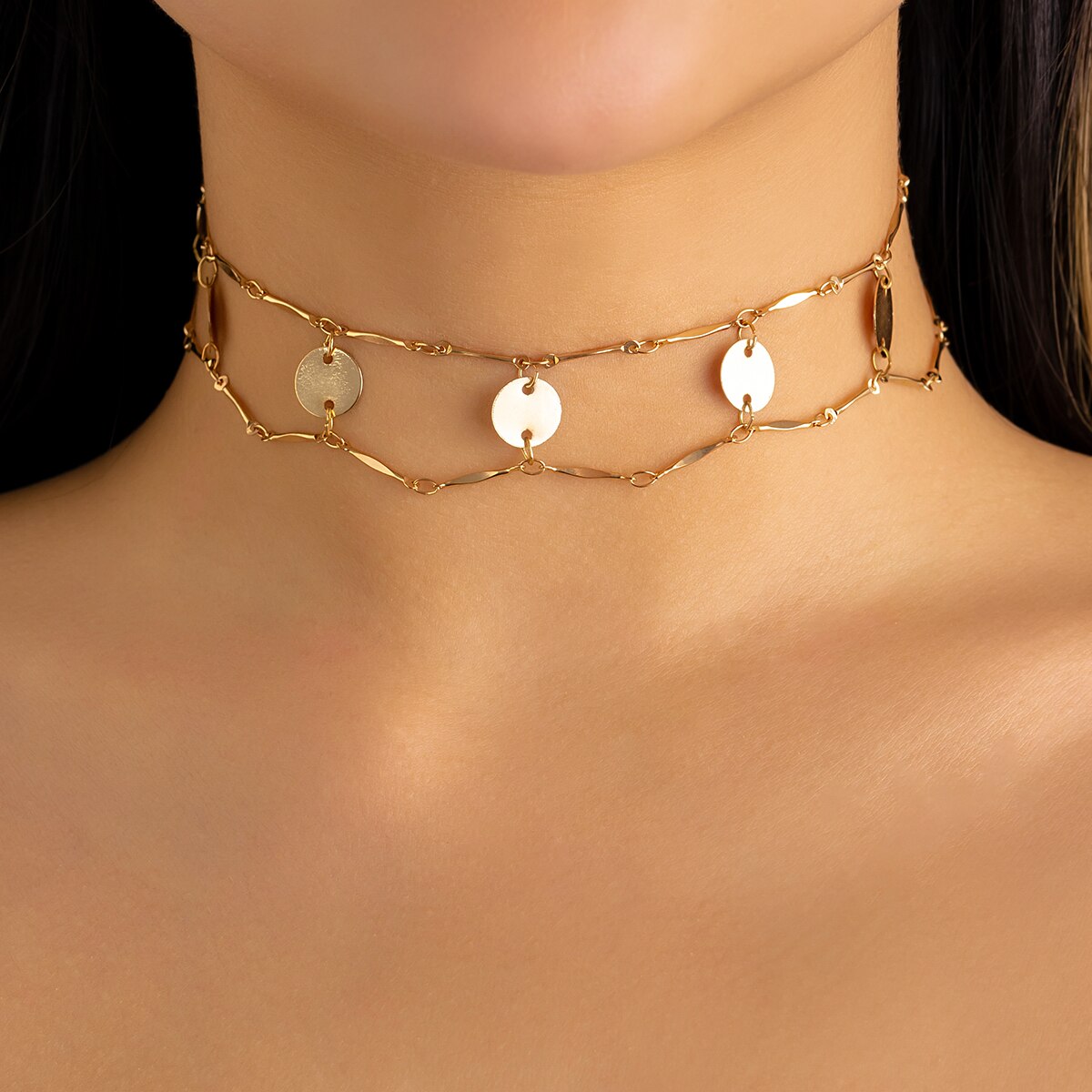 IngeSight.Z Vintage Double Layers Sequins Link Chain Choker Necklace Women Charm Gold Color Metal Clavicle Chain Collier Femme