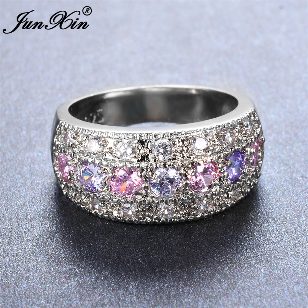 Brand Female Pink & Purple Round Ring 925 Sterling Silver Filled Vintage Wedding Engagement Rings For Women