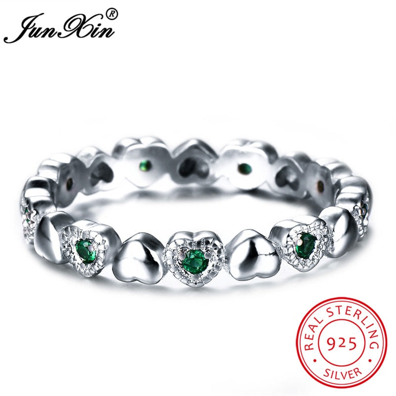 Cute Boho Women Green Heart Ring Fashion AAA Zircon Stone Finger Rings Real 925 Sterling Silver Engagement Ring