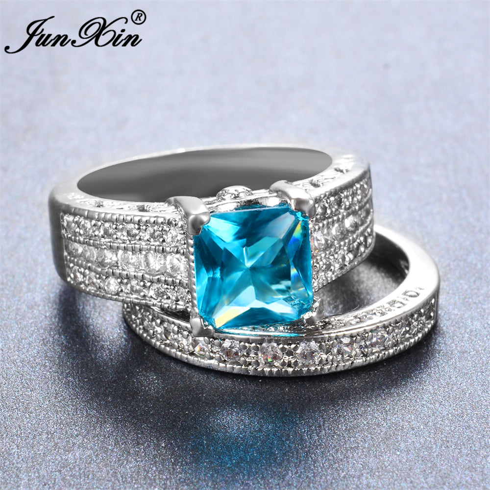 Male Female Light Blue Ring 925 Sterling Silver Wedding Ring Set Promise Engagement Rings For Men And Women Gifts