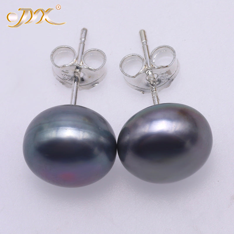 Genuine Pearl Earrings Natural 925 Silver Pearl Jewelry Flat Round Cultured Pearl 925 Earrings Fashion(9-10mm)