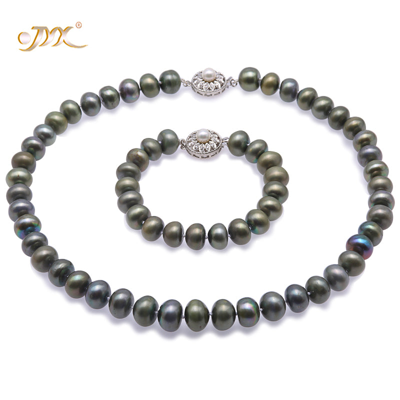 Genuine Pearl Jewelry Set - 11-13mm Greenish Black Pearls Necklace Jewelry and Bracelet Set 18.5 - AA