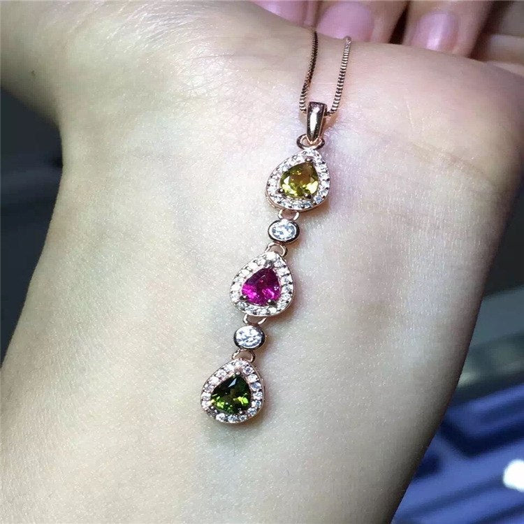 Boutique jewelry,Multicolored jewelry natural tourmaline gems female Pendant 925 Silver Inl Necklace Pendant