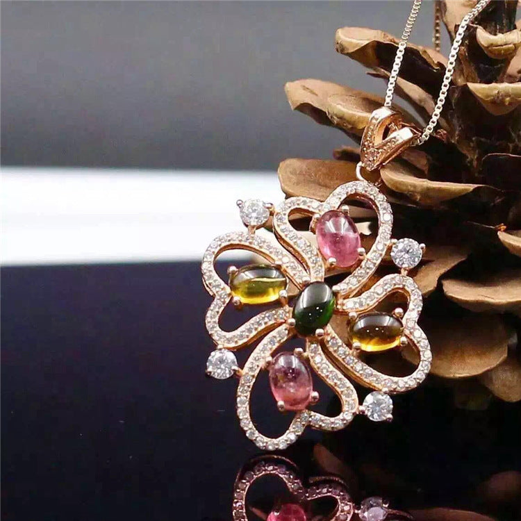 Boutique jewelry Natural tourmaline 925 Sterling Silver Pendant with a candy colored woman Necklace
