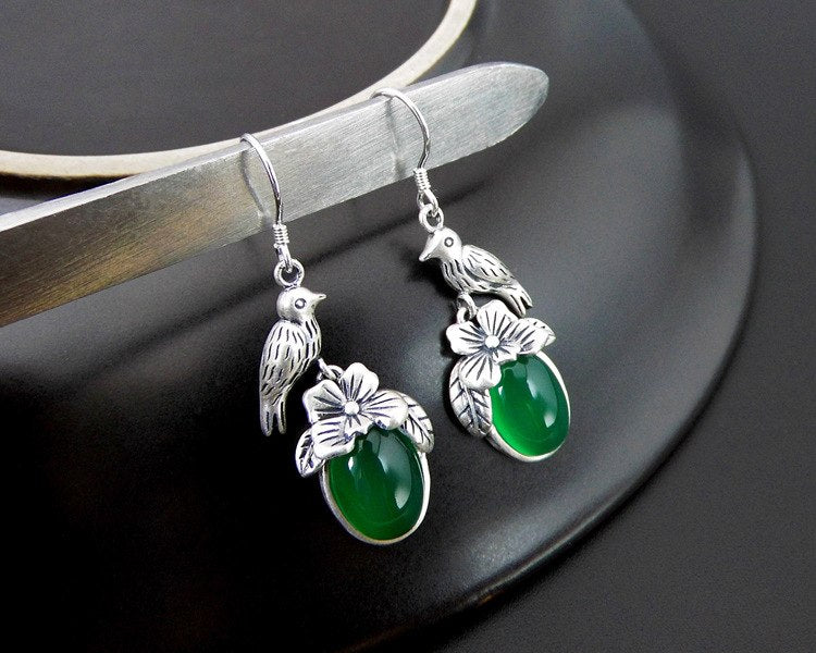 S925 pure silver Thailand Thai silver restoring ancient ways agate pendant earrings earrings green wave female model