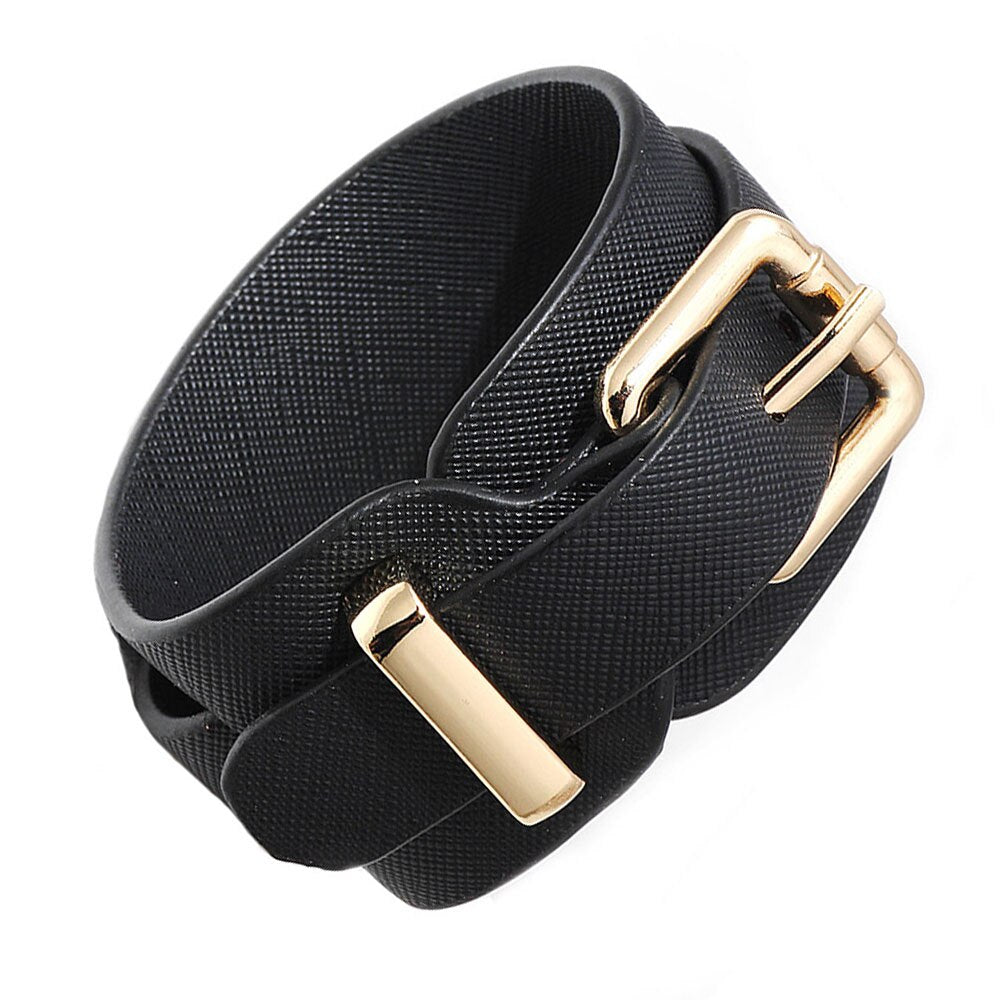 Kirykle Women Cuff Leather Bracelets Red Green Ribbon Bangles Simple Steel Lock Design Wide Charm Bracelets Punk Female Jewelry