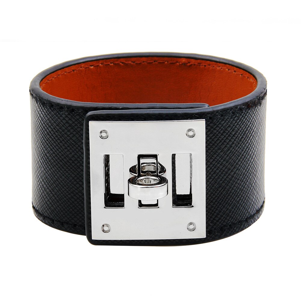 Kirykle Women Cuff Leather Bracelets Red Green Ribbon Bangles Simple Steel Lock Design Wide Charm Bracelets Punk Female Jewelry