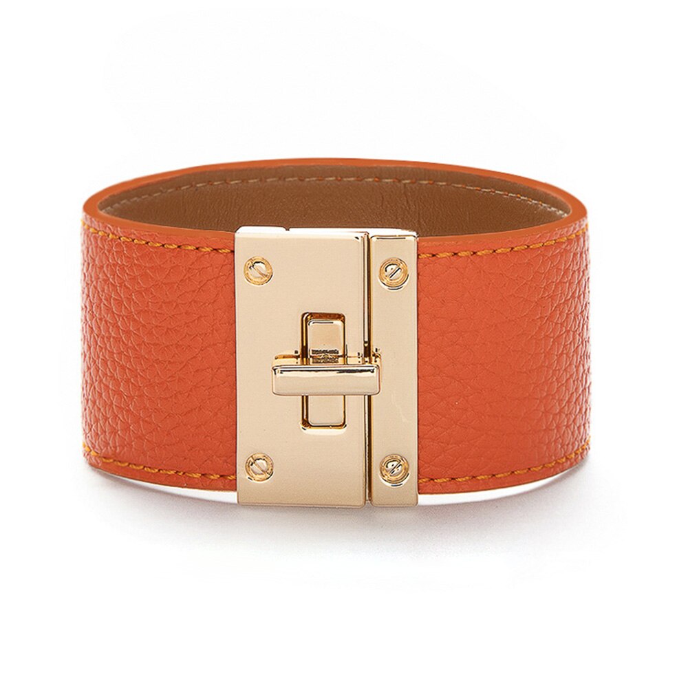 Kirykle Women Cuff Leather Bracelets Red Green Ribbon Bangles Simple Steel Lock Design Wide Charm Bracelets Punk Female Jewelry