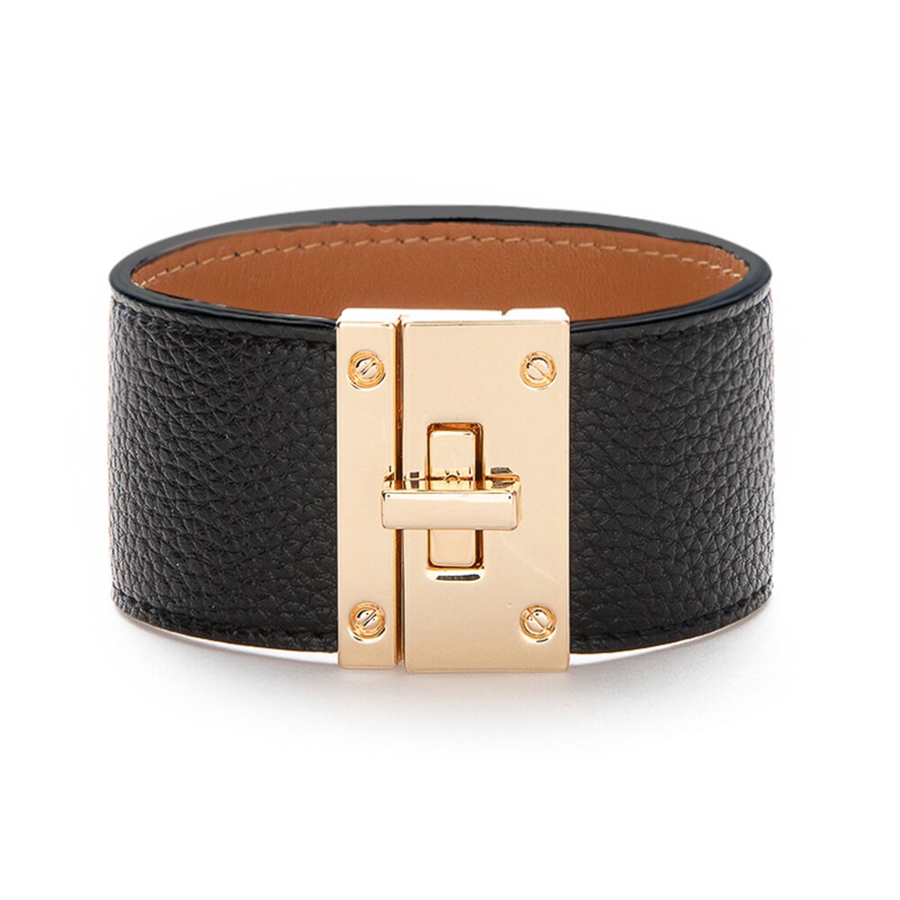 Kirykle Women Cuff Leather Bracelets Red Green Ribbon Bangles Simple Steel Lock Design Wide Charm Bracelets Punk Female Jewelry