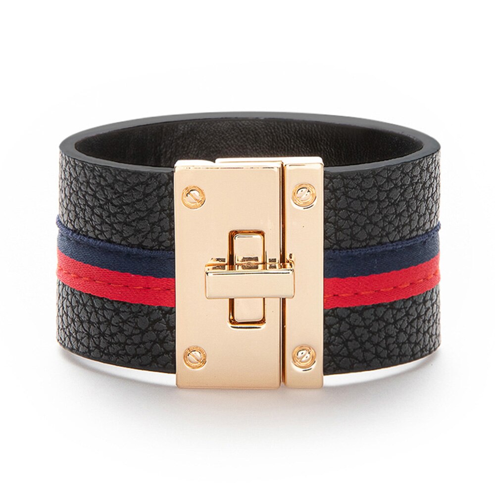 Kirykle Women Cuff Leather Bracelets Red Green Ribbon Bangles Simple Steel Lock Design Wide Charm Bracelets Punk Female Jewelry