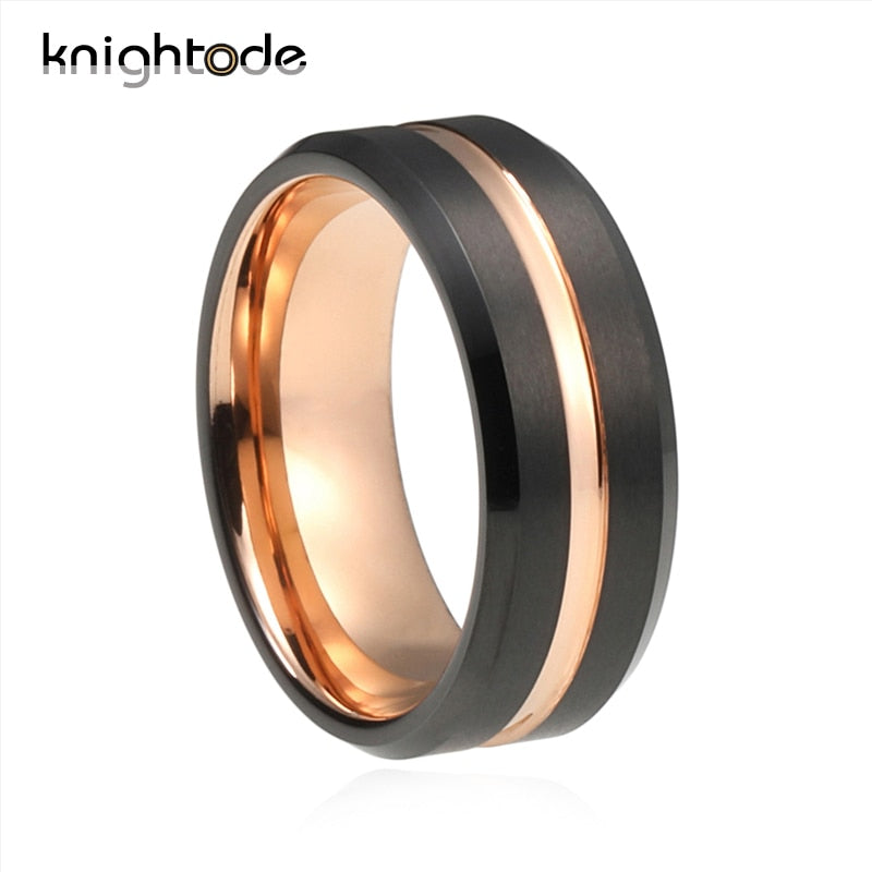 Knightode Men Women Wedding Ring Tungsten Carbide Engagement Band Grooved Center Rose Gold and Black Ring Brushed Finish