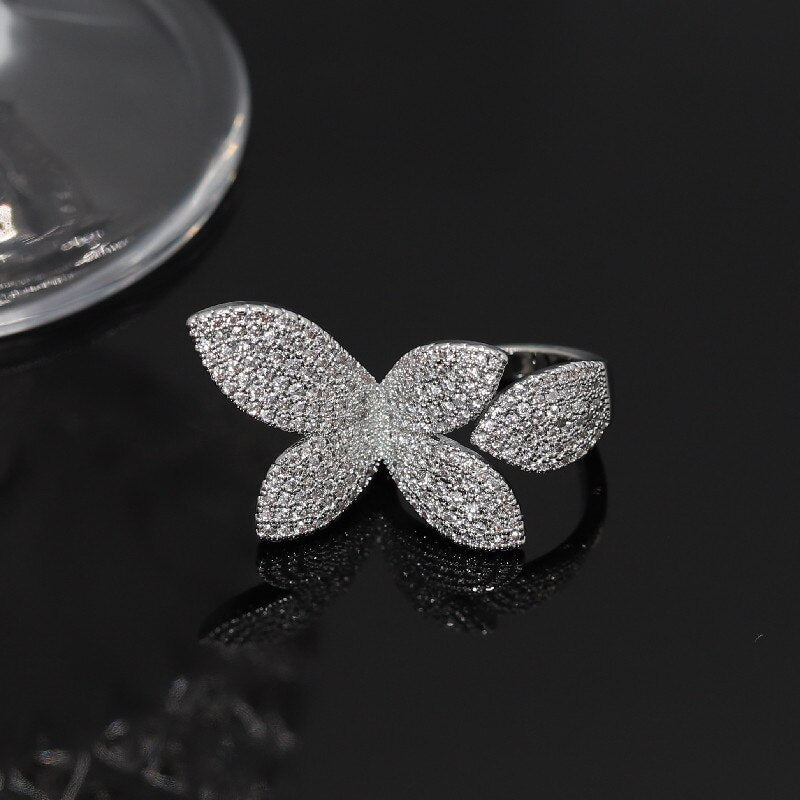 Korea Selling Jewelry  Full Zircon Leaf Petal Ring Elegant Women Wedding Party Opening Adjustable Accessories
