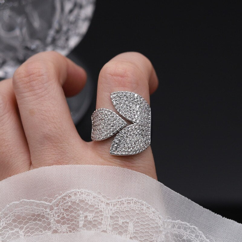 Korea Selling Jewelry  Full Zircon Leaf Petal Ring Elegant Women Wedding Party Opening Adjustable Accessories