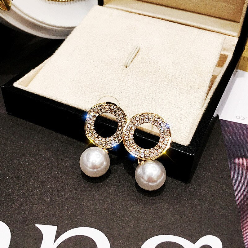 Korea Selling Jewelry  Shiny Crystal Pearl Pendant Earrings Elegant Women's Wedding Party Accessories