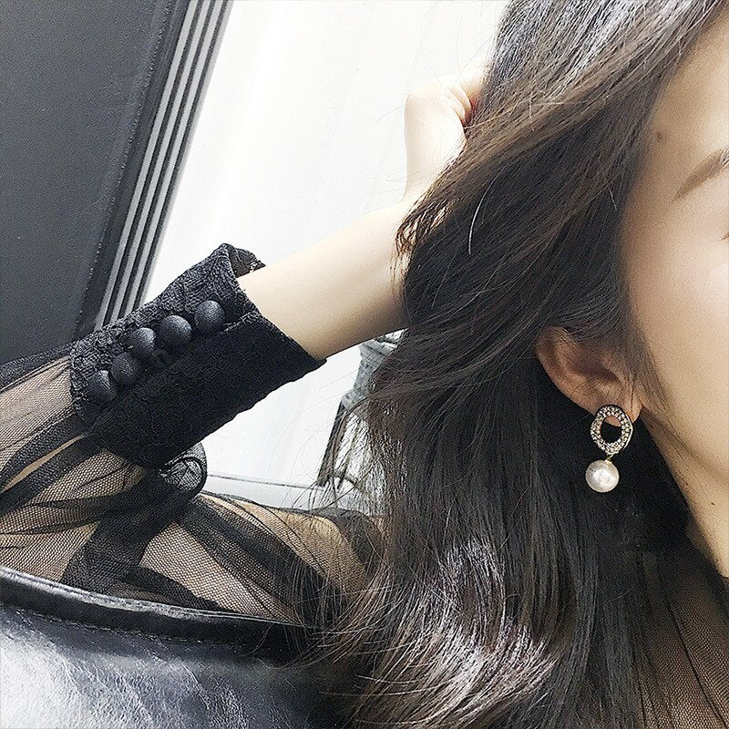 Korea Selling Jewelry  Shiny Crystal Pearl Pendant Earrings Elegant Women's Wedding Party Accessories