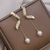 Korea Design Jewelry 14K Gold Plated York Zircon Pearl Pendant Earrings Elegant Women's Gala Party Accessories