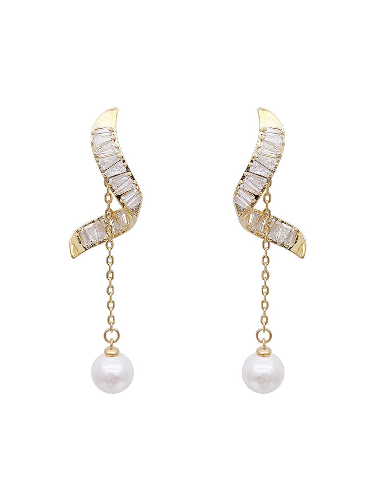 Korea Design Jewelry 14K Gold Plated York Zircon Pearl Pendant Earrings Elegant Women's Gala Party Accessories