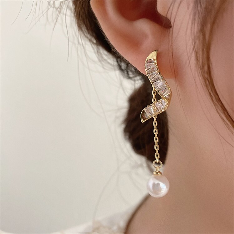 Korea Design Jewelry 14K Gold Plated York Zircon Pearl Pendant Earrings Elegant Women's Gala Party Accessories