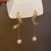 Korea Design Jewelry 14K Gold Plated York Zircon Pearl Pendant Earrings Elegant Women's Gala Party Accessories
