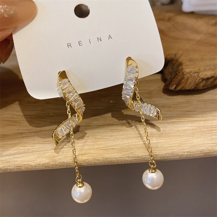 Korea Design Jewelry 14K Gold Plated York Zircon Pearl Pendant Earrings Elegant Women's Gala Party Accessories