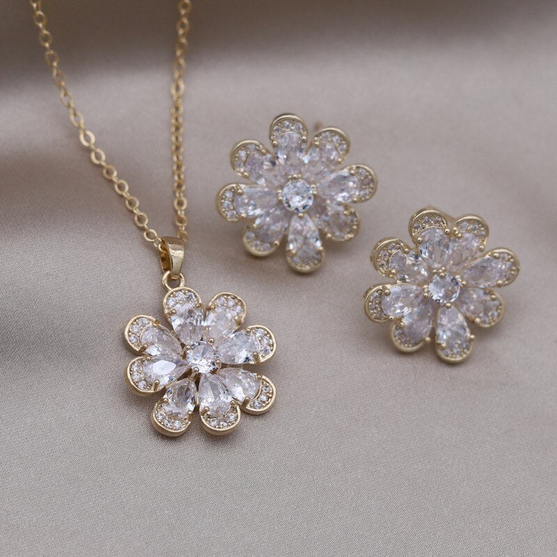 Korea Design Jewelry 14K Gold Plating  Zircon Flower Earrings Necklace Elegant Women's Party Accessories