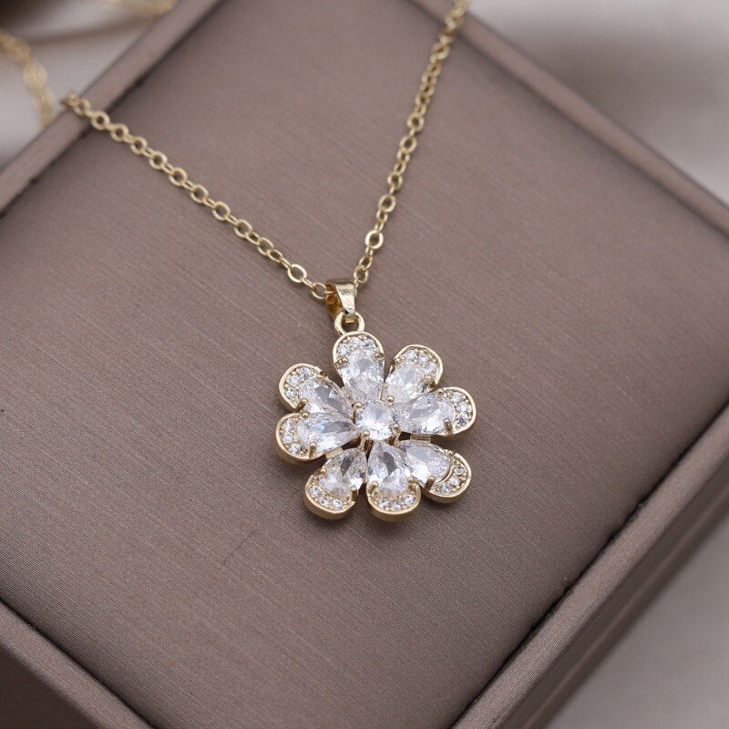 Korea Design Jewelry 14K Gold Plating  Zircon Flower Earrings Necklace Elegant Women's Party Accessories