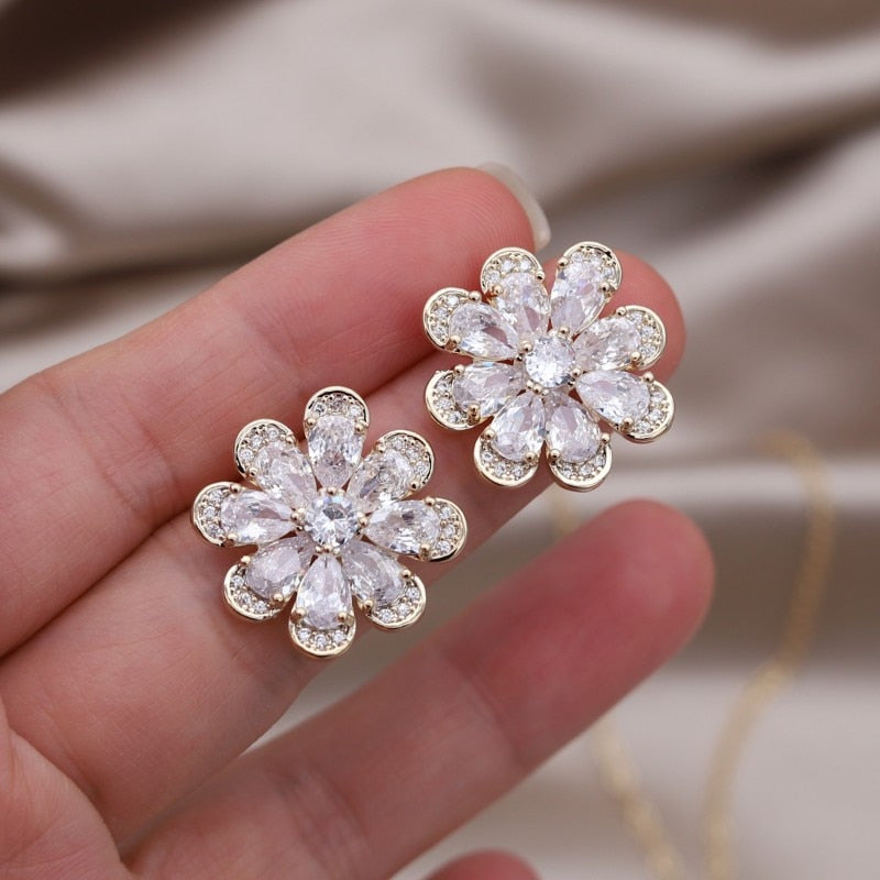 Korea Design Jewelry 14K Gold Plating  Zircon Flower Earrings Necklace Elegant Women's Party Accessories