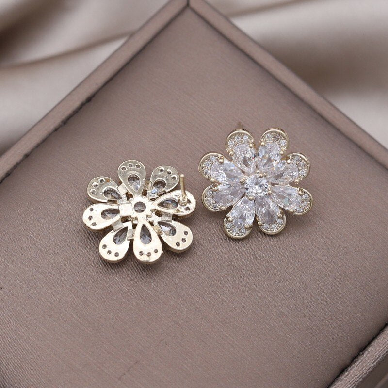 Korea Design Jewelry 14K Gold Plating  Zircon Flower Earrings Necklace Elegant Women's Party Accessories
