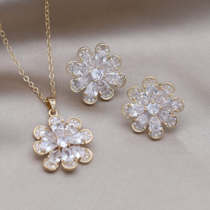 Korea Design Jewelry 14K Gold Plating  Zircon Flower Earrings Necklace Elegant Women's Party Accessories