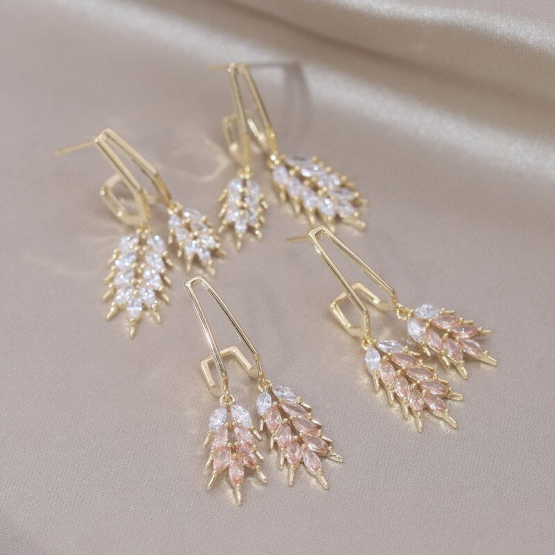 Korea Design Jewelry 14K Gold plated Double Wheat Ear Pendant Earrings Elegant Urban Women's Daily Work Accessories