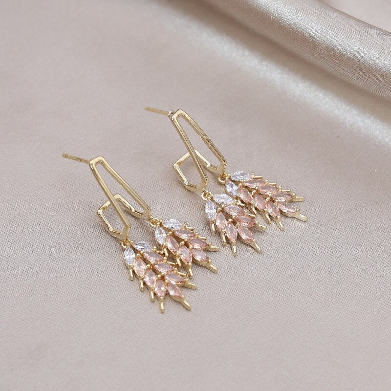 Korea Design Jewelry 14K Gold plated Double Wheat Ear Pendant Earrings Elegant Urban Women's Daily Work Accessories