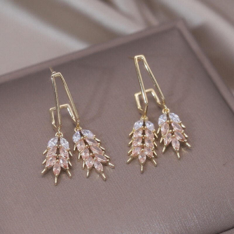 Korea Design Jewelry 14K Gold plated Double Wheat Ear Pendant Earrings Elegant Urban Women's Daily Work Accessories