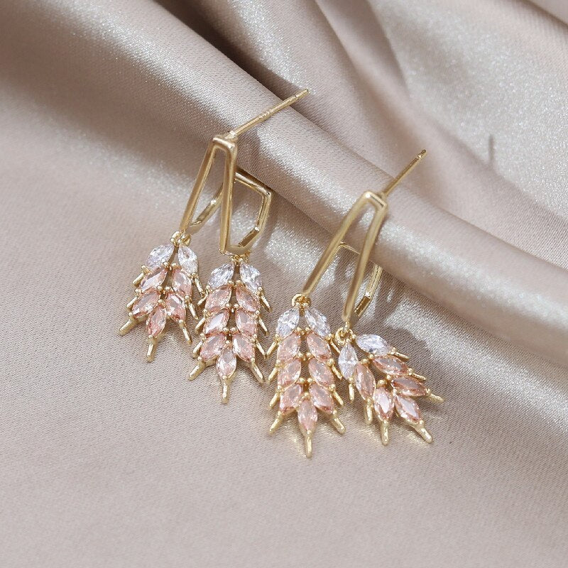 Korea Design Jewelry 14K Gold plated Double Wheat Ear Pendant Earrings Elegant Urban Women's Daily Work Accessories