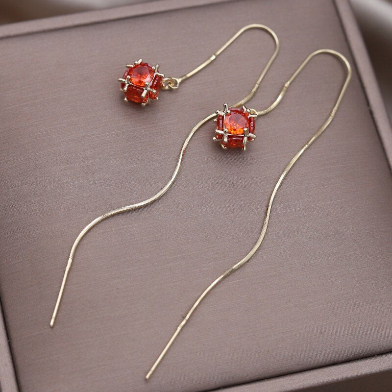 Korea Design Jewelry 14K Gold plated Square Zircon Round Ball Pendant Earrings Elegant Women's Long Slim Accessories