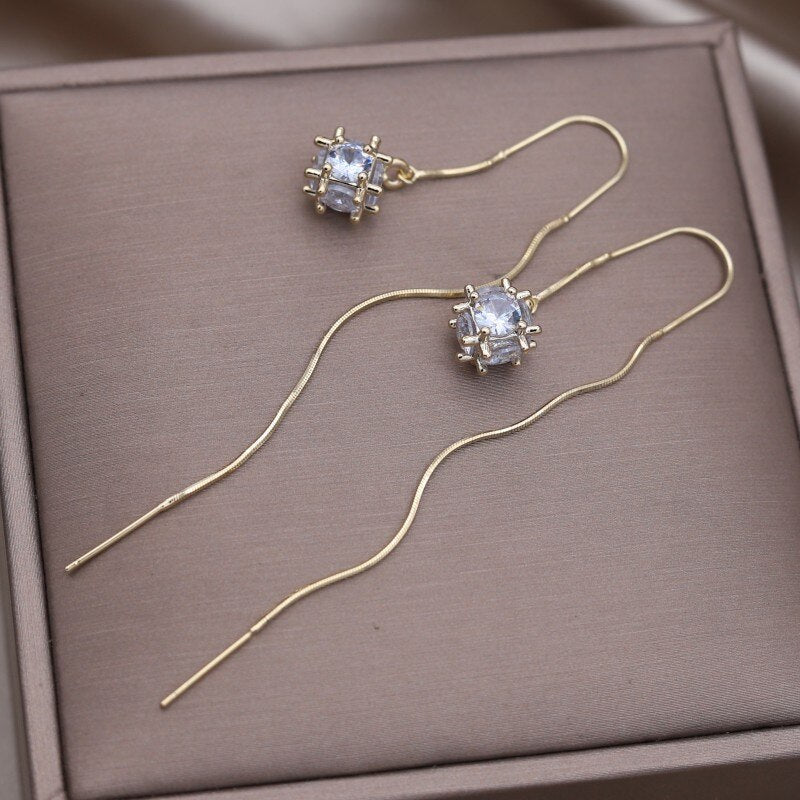 Korea Design Jewelry 14K Gold plated Square Zircon Round Ball Pendant Earrings Elegant Women's Long Slim Accessories